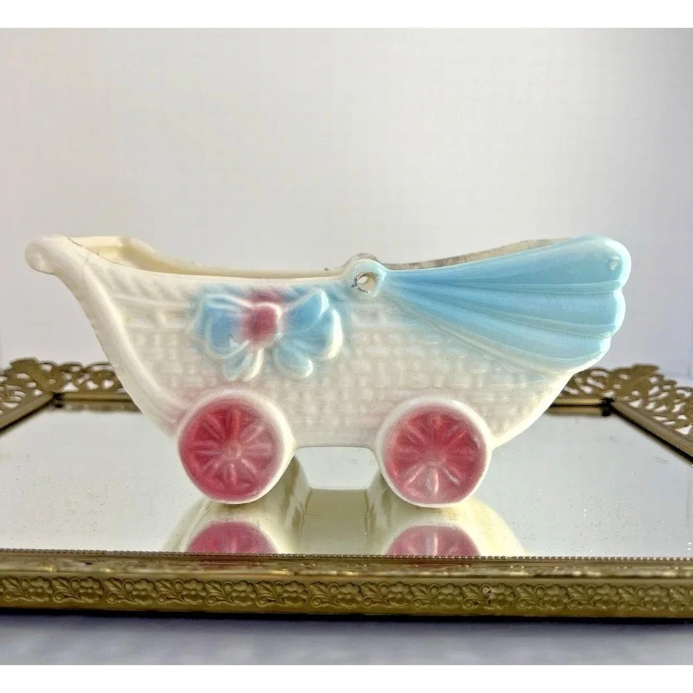 Planter Baby Buggy Pink Blue Nursery Vase Mid Century Style Ceramic Vintage